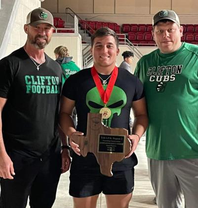 Clifton senior Riley Finney shows off his regional championship hardware (above left), Sophomore Judd New battles in squat (top right), Proud coach James Humphreys and Taylor Trigg with state qualifier Riley Finney (above). Photos courtesy Brett Voss’ The Sports Buzz