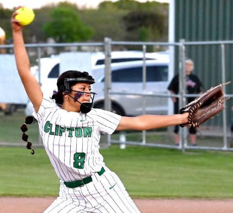 Clifton senior Laylah Gaona (8) delivers the pitch. Photo courtesy of Brett Voss’ The Sports Buzz