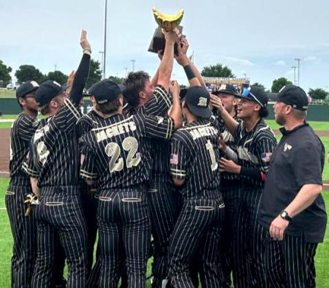 Winning their first baseball playoff series since 2010, the Jackets celebrate their Bi-District victory over Graford last Saturday. Photo courtesy of Brett Voss’ The Sports Buzz