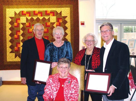 Courtesy Photo Jane Scott (center) with husband Jim, Betty Murdoch,former BAC president, Leanne Donner, current BAC president, and John Linn, Art Council and BAC board member.