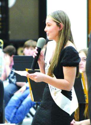 Nathan Diebenow | Meridian Tribune Sophia Richardson and Ava Whitman (from left) introduced the bands during the Meridian Independent School District's all-band concert on Thursday, February 22, in the Meridian High School gymnasium.