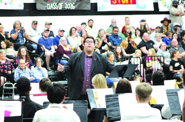 Meridian ISD Director of Bands Daniel Yguerabide led the MISD all-band concert on Thursday, February 22, in the Meridian High School gymnasium. The concert's theme was appreciation for military veterans and public school teachers. Nathan Diebenow | Meridian Tribune