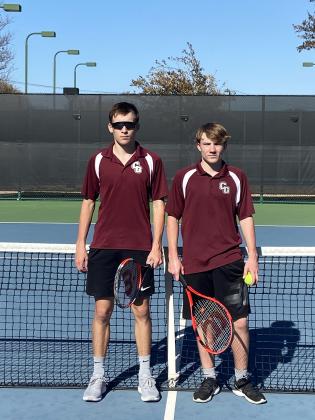 Courtesy Photo/Justin Graham/From left, Cranfills Gap tennis players Aiden Doty and Marcus Wright clinched third in boys’ doubles A Division Wednesday (Feb. 24) in Waco.