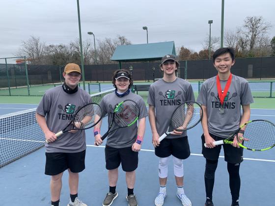 Courtesy Photo/Stephen Bateson/From left, Clifton varsity tennis players Brooks Bizzell, Gehrig Booth, Cameron Bateson and Ellison Li all medaled at the team’s season-opening tourney Thursday (Feb. 25) at the Waco Tennis Center.