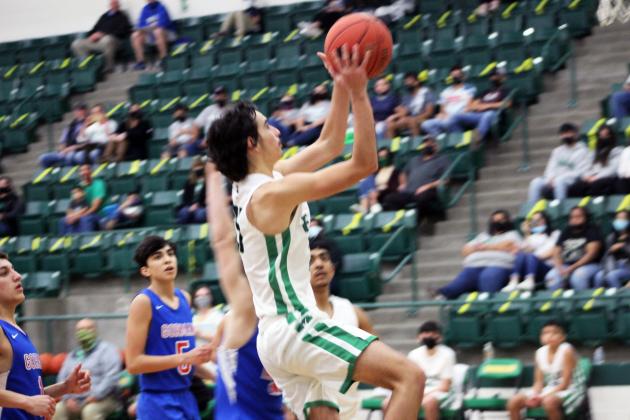 Forrest Murphy/Meridian Tribune/Morgan’s Emilio Villalovos (25) and the Eagles closed out their 2020-21 season in a Class 1A area playoff game versus the Cherokee Indians Thursday (Feb. 25) in Hamilton. Morgan fell to Cherokee, 65-53 in the contest.