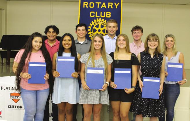 The Bosque County Rotary Club awarded 19 scholarships to 2022 Bosque County graduates for a grand total of $18,750. Front from left is Yohima Tarin, Ariana Devora, McKenzie McDonald, Baylee Bonge, Melissa Tergerson, (back, from left) William Simmons Jr., Jackson DeBorde, Griffin Phillips, Judd Heim and Berit Bizzell. Ashley Barner | Meridian Tribune