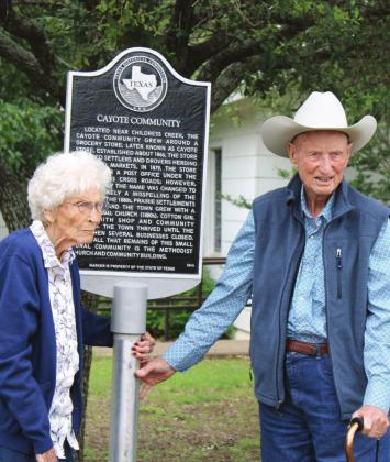 Christine McMillan and Raymond Whitney unveil the new Official Texas Historical Marker in Cayote on Sunday, May 23. Ashley Barner | The Clifton Record
