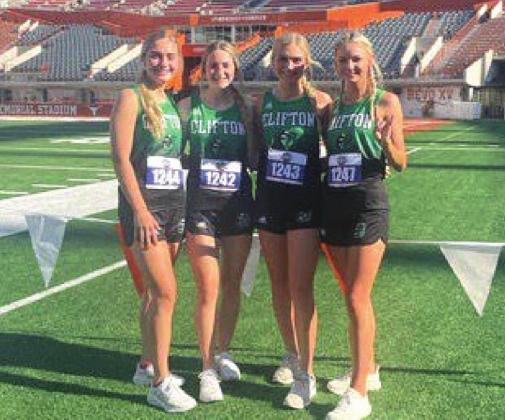 Clifton High School students Elise Webb, Carley Caniford, Camryn Caniford and Ava Anderson compete in the 4x200 relay at the State UIL Track Meet. Courtesy Photo