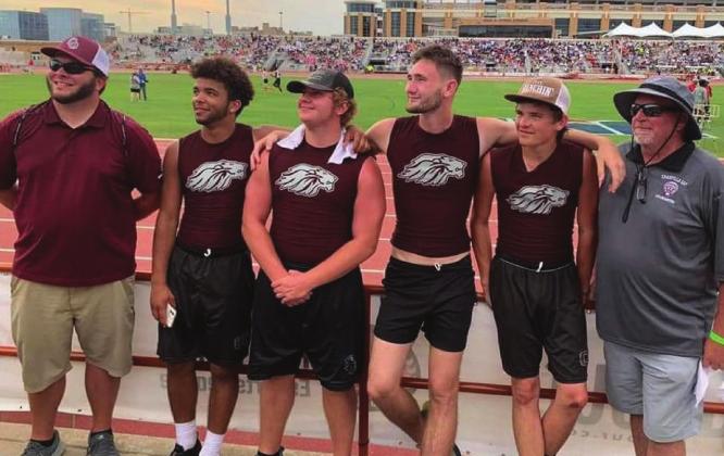 From left, Cranfills Gap Coach Adam Carroll stands proudly with Elias Marquez Peter, Trenton Roberson, Haydn Kirby, Blake Allen and Coach Chuck Wilson at the State UIL Track Meet. Courtesy Photo