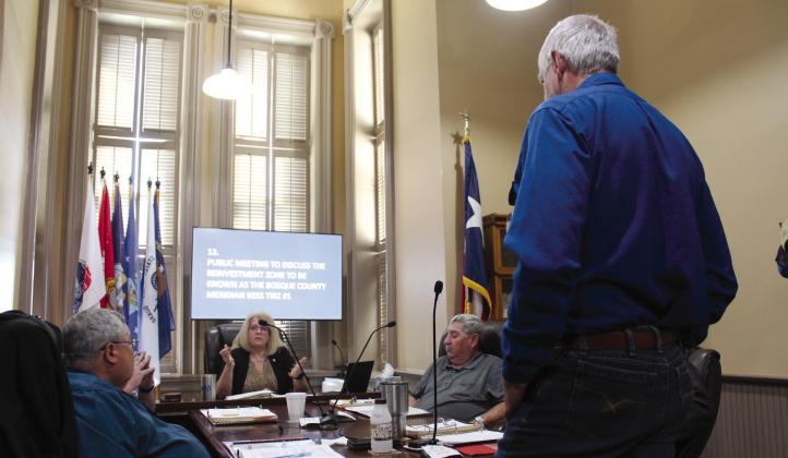 Bosque County Emergency Management Coordinator Kirk Turner (right) gave input during a public hearing on the BESS project at the Bosque County Commissioenrs Court’s regular meeting on Monday, April 22, 2024. Nathan Diebenow | Meridian Tribune