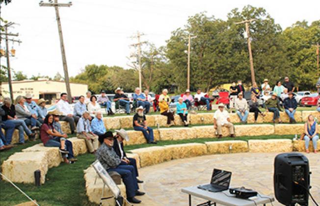Left Bottom, the crowd enjoys a nice evening at the new amphitheater in Meridian as they celebrate the life of John A. Lomax and his family.