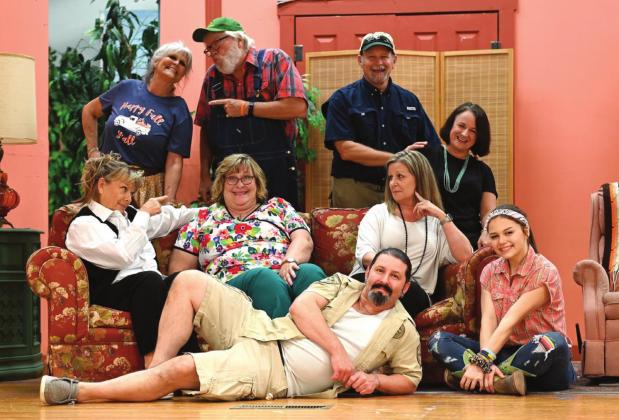 The cast of the Bosque Art Center’s production of “Honky Tonk Hissy Fit” includes, back, left to right, Carla Sigler, Bryan Davis, Brett Voss and Lorana Rush. Seated left to right, Belinda Prince. Debbie Rollins and Connie Terry. On floor are Michael Richardson and Halie Patrick. Photo Courtesy of Simone Voss