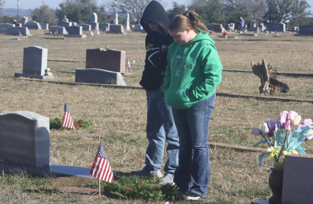 Young people from Cranfills Gap ISD honor veterans at a cemetery in Cranfills Gap during the Wreaths Across America ceremony on Saturday, December 16. Photo Courtesy by Grover McMains